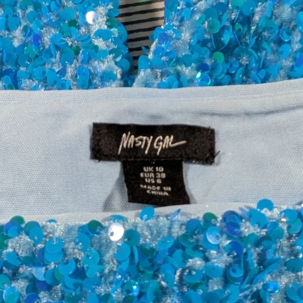 Nasty Gal $326 Size 6 Teal Blue Sequin Two Piece Set Cropped Blazer Flare Pants - Picture 4 of 16